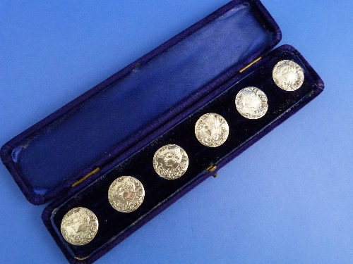 A cased set of six Edwardian silver Buttons, by Levi & Salaman, hallmarked Birmingham, 1901, in