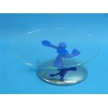 An Alessi Bimboveloce Cake Stand, blue, the base marked Alessi Inox 18/10 Italy, 12½in (32cm)