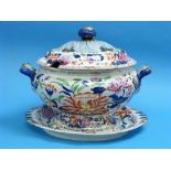 A 19th century Ironstone China Tureen with Cover and Stand, of two-handled oval form with flower-