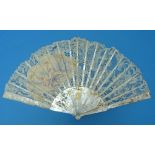 A 19thC Brussels Lace Fan, with sixteen Mother-of-Pearl sticks and two guard sticks, intricately