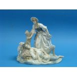 A large Lladro figural group of a Girl Waking Sleeping Shepherd, on shaped oval base with sheep