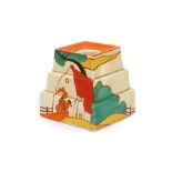 CLARICE CLIFF FANTASQUE BIZARRE STEPPED CANDLE HOLDER, in Red Roof Cottage pattern, stamped