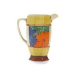 CLARICE CLIFF BIZARRE 36 SHAPE JUG, in Umbrellas pattern, printed Bizarre marks under, (20cm high)