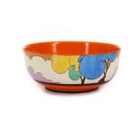 CLARICE CLIFF FANTASQUE BIZARRE BOWL, in Blue Autumn pattern, stamped Bizarre marks under, (23.5cm