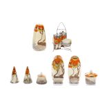 CLARICE CLIFF COLLECTION, in Rodanthe pattern, consisting of a conical cruet set, Lynton shape sugar