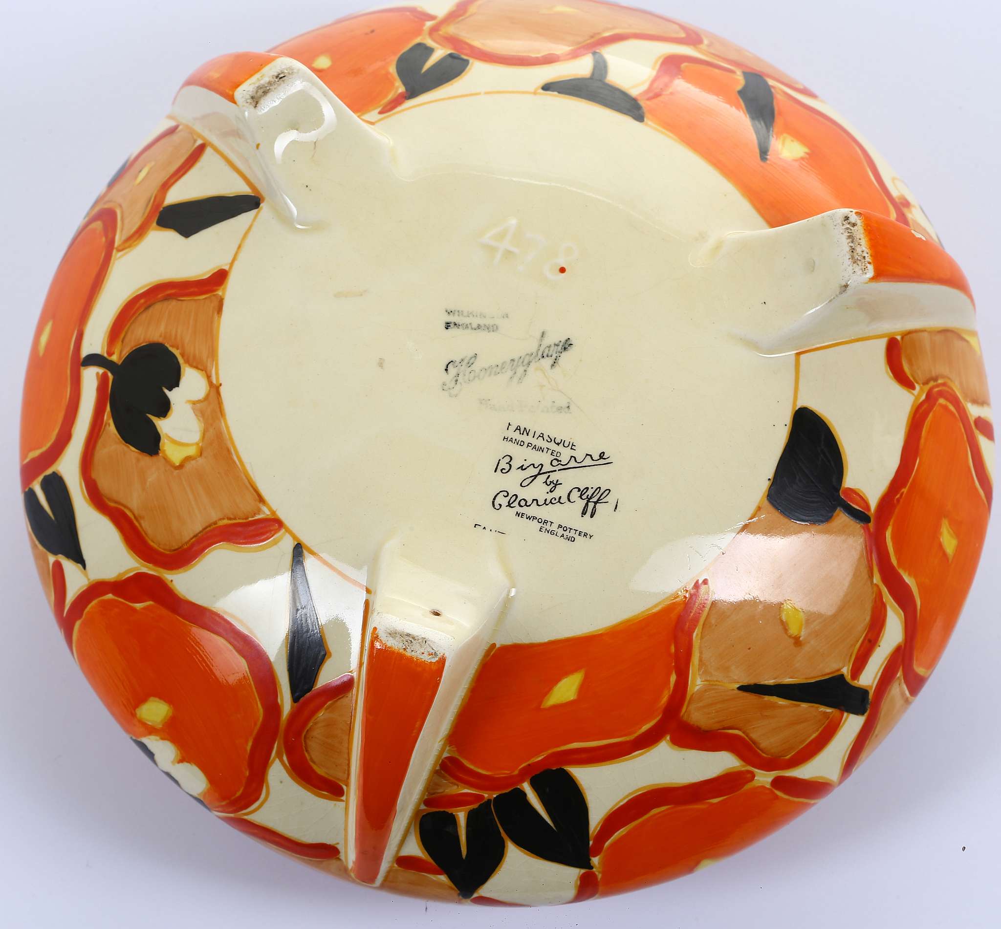 CLARICE CLIFF FANTASQUE BIZARRE 478 SHAPE FRUIT BOWL, in Orange Chintz pattern, printed Bizarre - Image 6 of 8