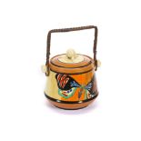 CLARICE CLIFF FANTASQUE BISCUIT BARREL AND COVER, in Butterfly pattern, with cane work handle,