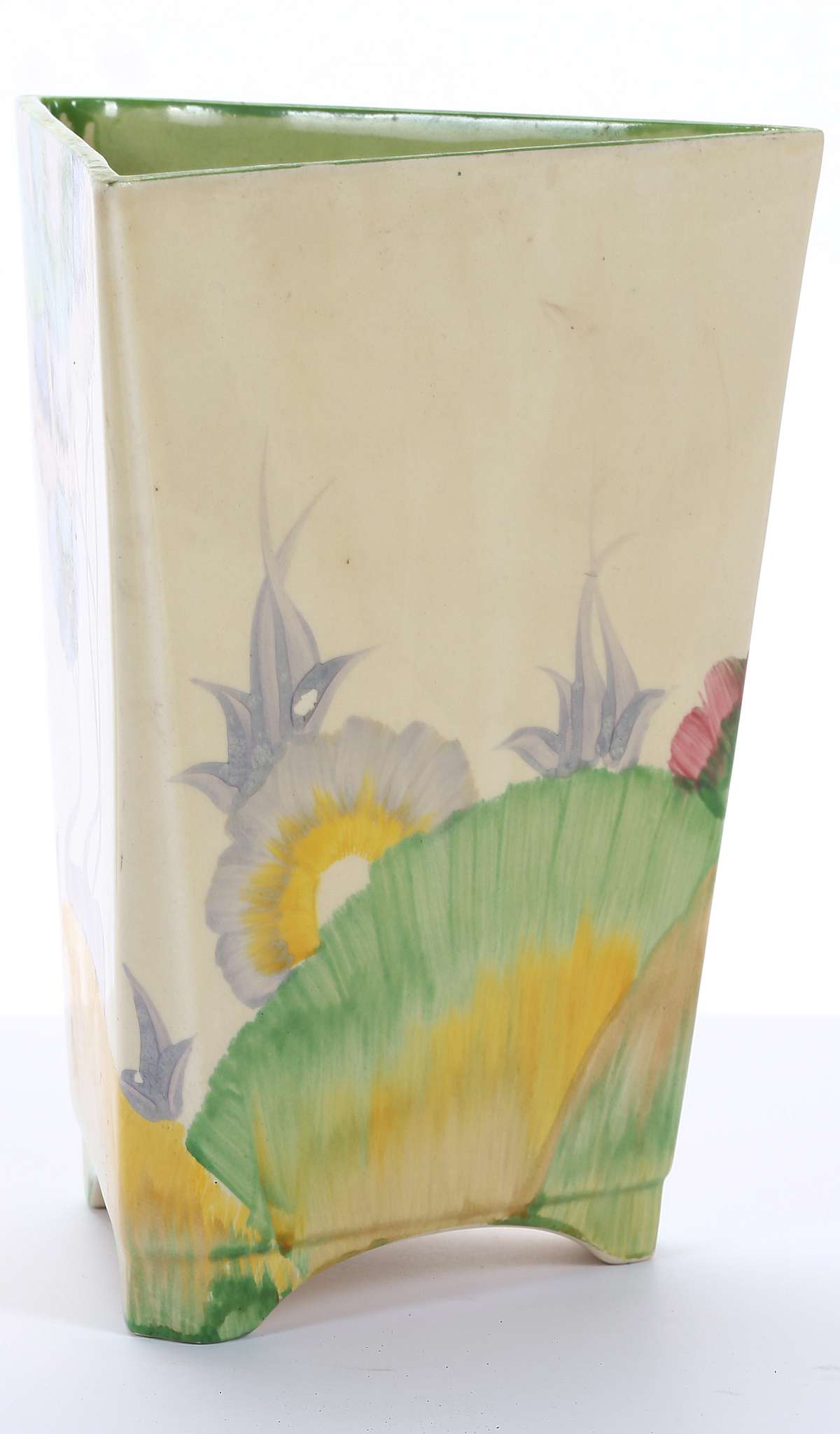 CLARICE CLIFF BIZARRE TRIANGULAR VASE, in Rodanthe pattern, printed Bizarre marks under, (19cm high) - Image 4 of 7