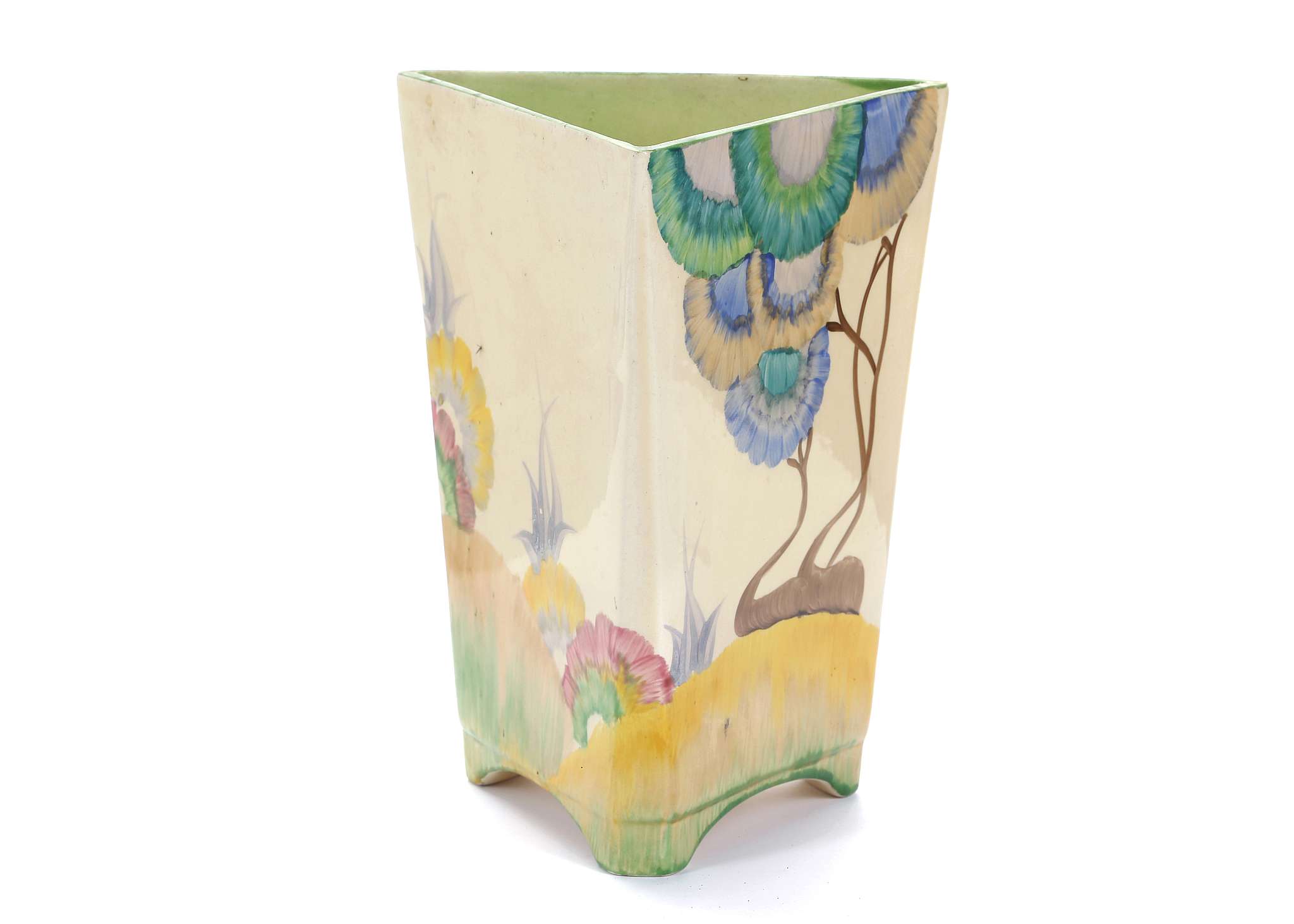 CLARICE CLIFF BIZARRE TRIANGULAR VASE, in Rodanthe pattern, printed Bizarre marks under, (19cm high)