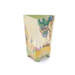 CLARICE CLIFF BIZARRE TRIANGULAR VASE, in Rodanthe pattern, printed Bizarre marks under, (19cm high)