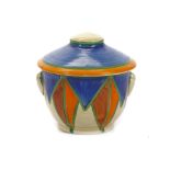 CLARICE CLIFF BIZARRE POT WITH COVER, in geometric pattern, printed gold Bizarre marks under, (12.