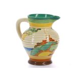 CLARICE CLIFF BIZARRE RIBBED JUG, in Secrets pattern, printed Bizarre marks under, (17cm high)