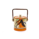 CLARICE CLIFF FANTASQUE BIZARRE BISCUIT BARREL, in Orange House pattern, printed Bizarre marks