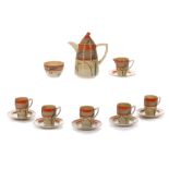 CLARICE CLIFF BIZARRE COFFEE SET, in geometric pattern with foliage, consisting of Lynton shape