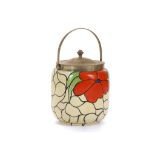 CLARICE CLIFF BIZARRE BISCUIT BARREL, in Scarlet Flower pattern, printed gold Bizarre marks