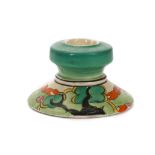 CLARICE CLIFF BIZARRE CANDLE HOLDER, in Green Erin pattern, printed marks under, (5cm high)