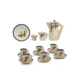 CLARICE CLIFF BIZARRE COFFEE SET, in Solomon pattern, to include a coffee pot, six coffee cans and