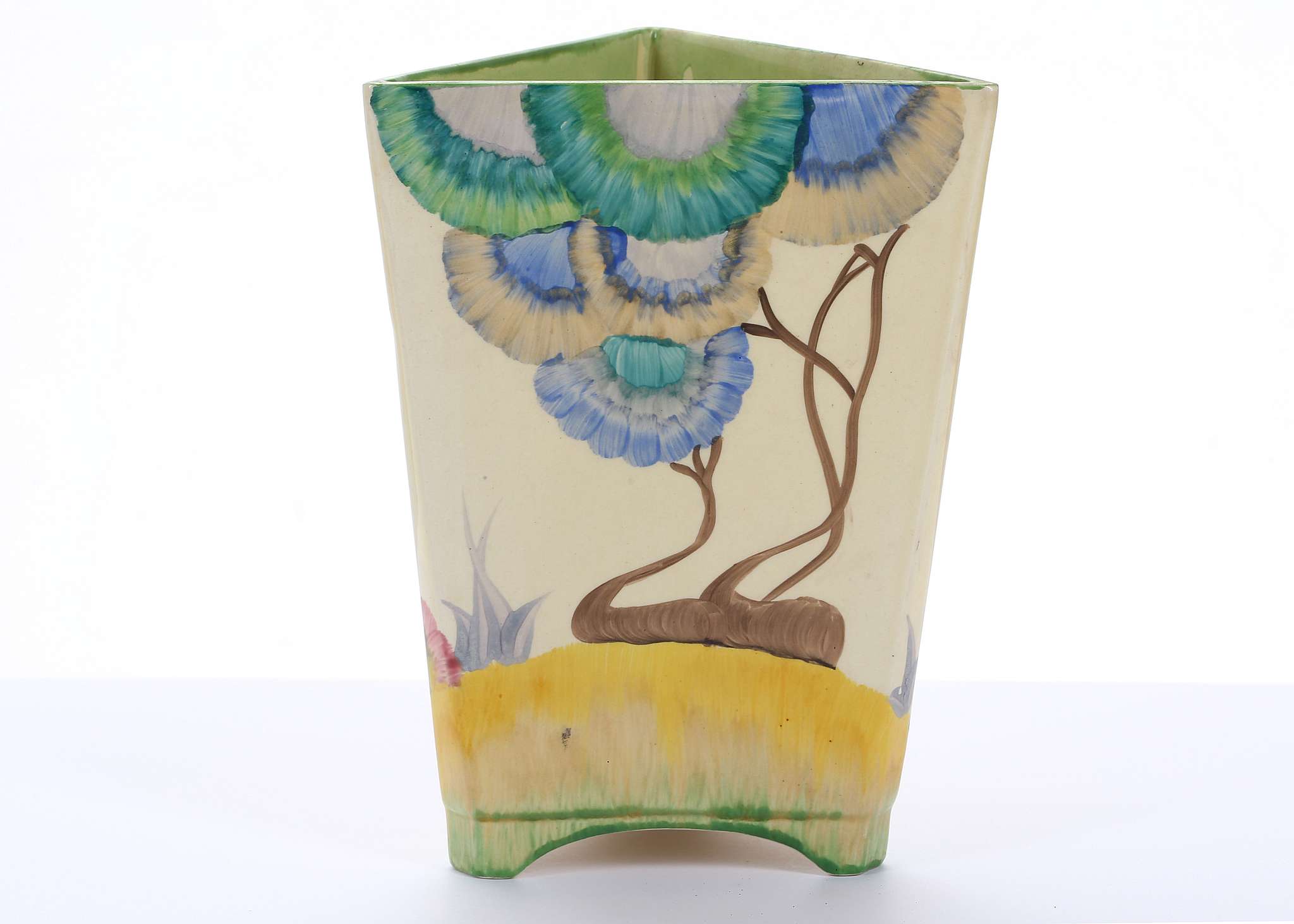 CLARICE CLIFF BIZARRE TRIANGULAR VASE, in Rodanthe pattern, printed Bizarre marks under, (19cm high) - Image 3 of 7