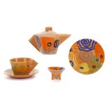 CLARICE CLIFF BIZARRE CONICAL BACHELOR TEASET, in Latona pattern, to include a teapot, cup and