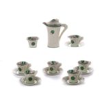 CLARICE CLIFF BIZARRE COFFEE SET, in Full Circle pattern, consisting of coffee pot, six coffee