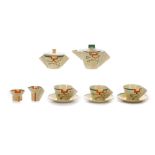 CLARICE CLIFF BIZARRE CONICAL TEA SET, in Ravel pattern, consisting of teapot, three cups and