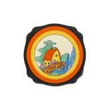 CLARICE CLIFF FANTASQUE BIZARRE FLUTED SANDWICH PLATE, in Orange Roof Cottage pattern, stamped