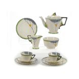 BURLEIGH DAWN PATTERN ART DECO TEA SET, consisting of a teapot, milk jug, sugar bowl, two tea cups