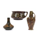 FOLEY ENGLAND, circa 1910, a Faience single handled vase, a squat form vase, and a chamber pot,