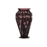 AN EARLY 20TH CENTURY MOTTLED CAGED ART GLASS VASE, in the manner of Scneider, (34.5cm high)