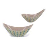 POOLE STUDIO FREEFORM, circa 1950, two fruit bowls, painted in colours, stamped and painted marks