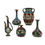 CHARLES WILEMAN FOLEY, INTARSIO, a twin handled vase, two squat baluster shape vases, a single