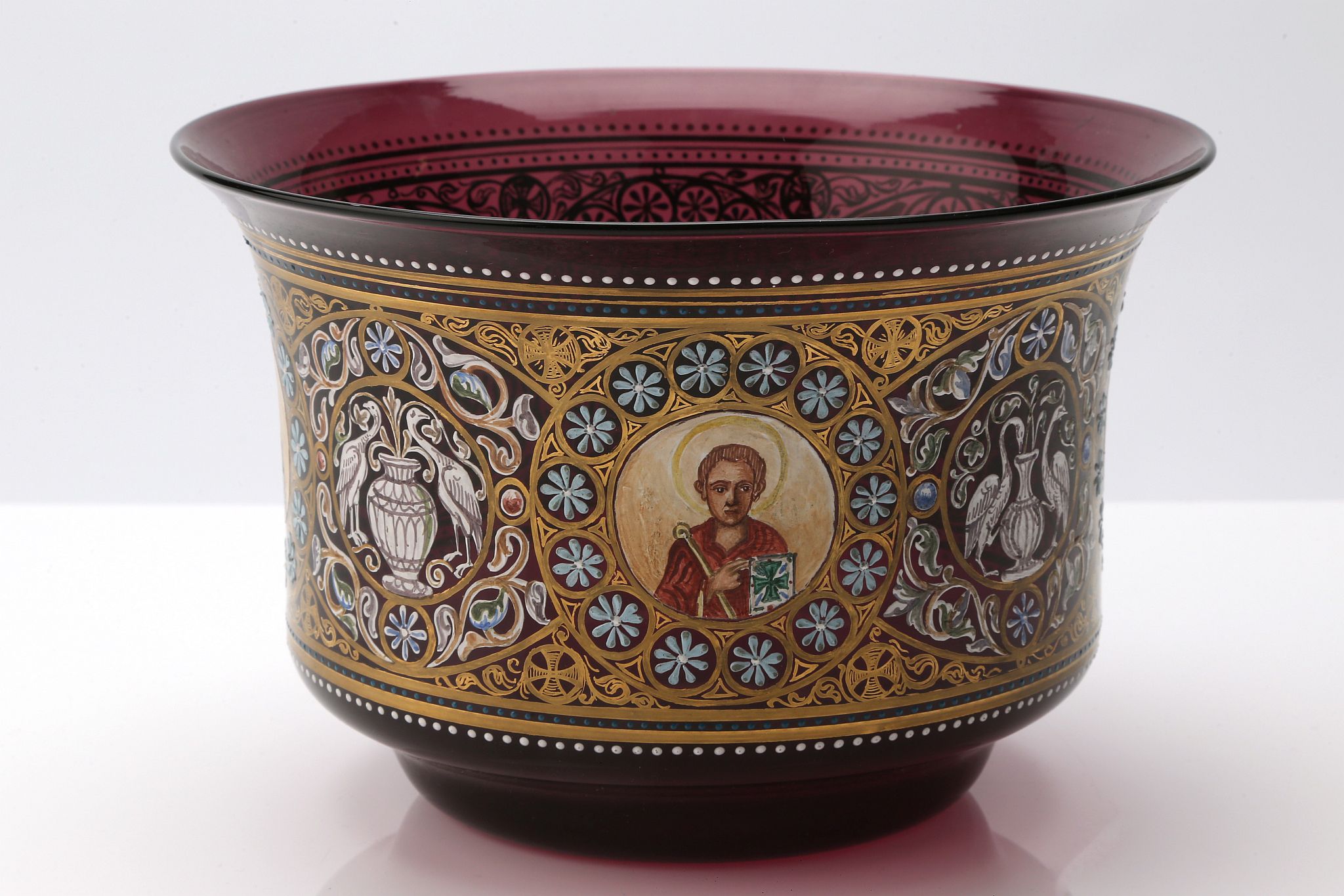 A Venetian Historismus golded and enamelled glass bowl, early 20th century, of deep amethyst tint,