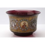 A Venetian Historismus golded and enamelled glass bowl, early 20th century, of deep amethyst tint,