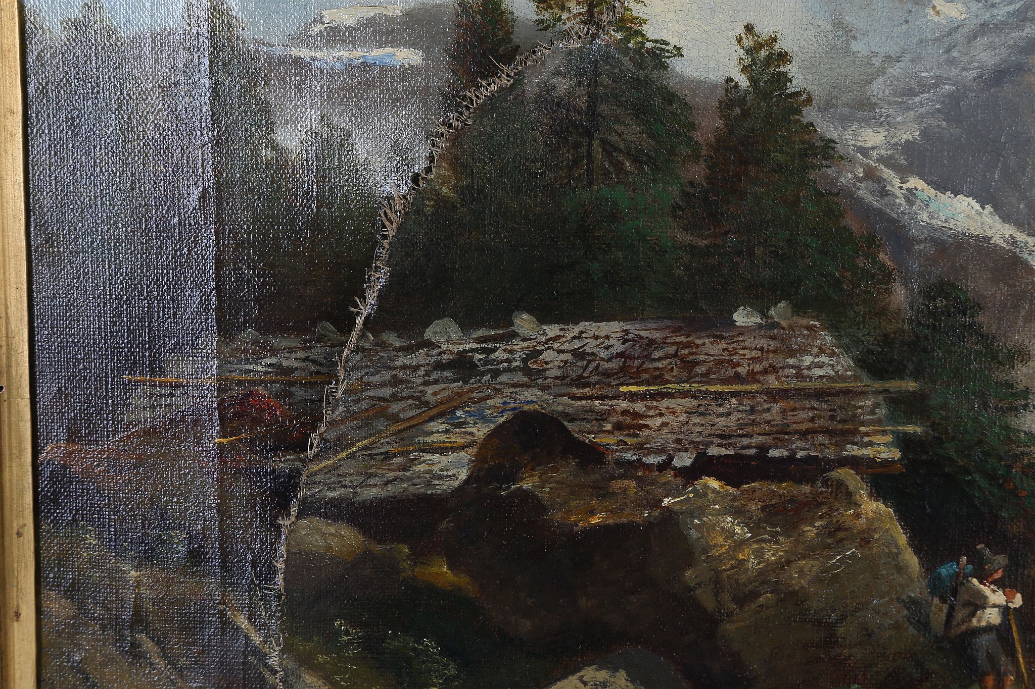 19th Century German school, 'An Alpine View', an oil on canvas landscape, labels verso, 47 x 68cm, - Image 4 of 7