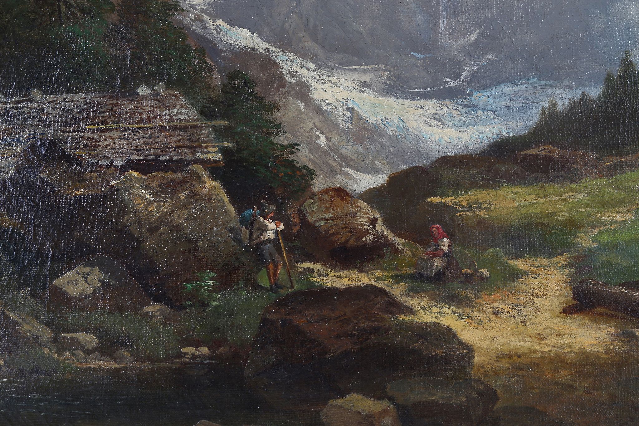 19th Century German school, 'An Alpine View', an oil on canvas landscape, labels verso, 47 x 68cm, - Image 2 of 7