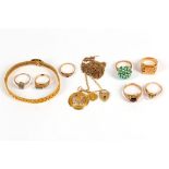 A group of jewellery, Including a bangle, seven rings, a padlock, two pendants, a chain and a