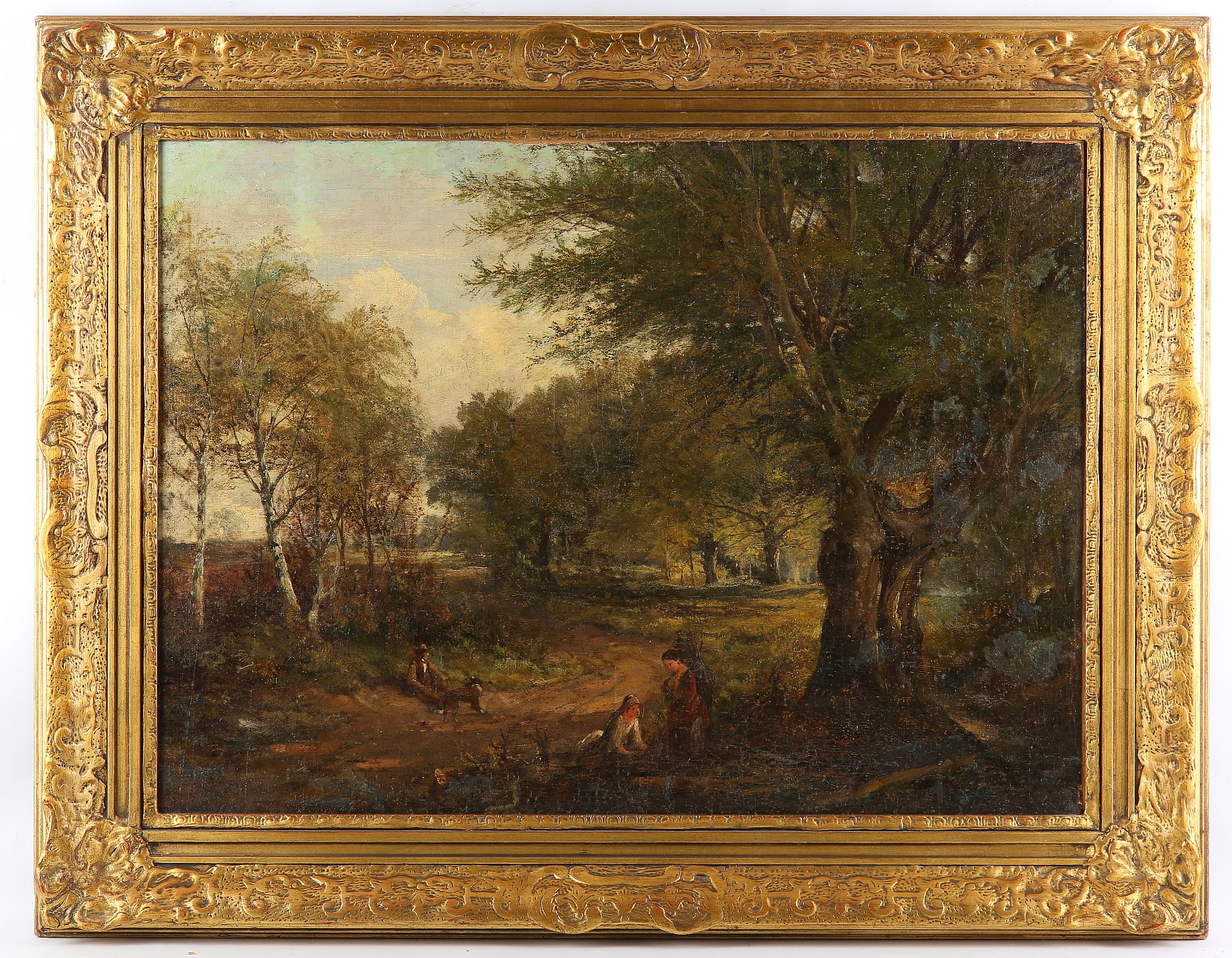 19th Century English School, tree-cutter in the landscape, oil on canvas, 40 x 60cm, framed