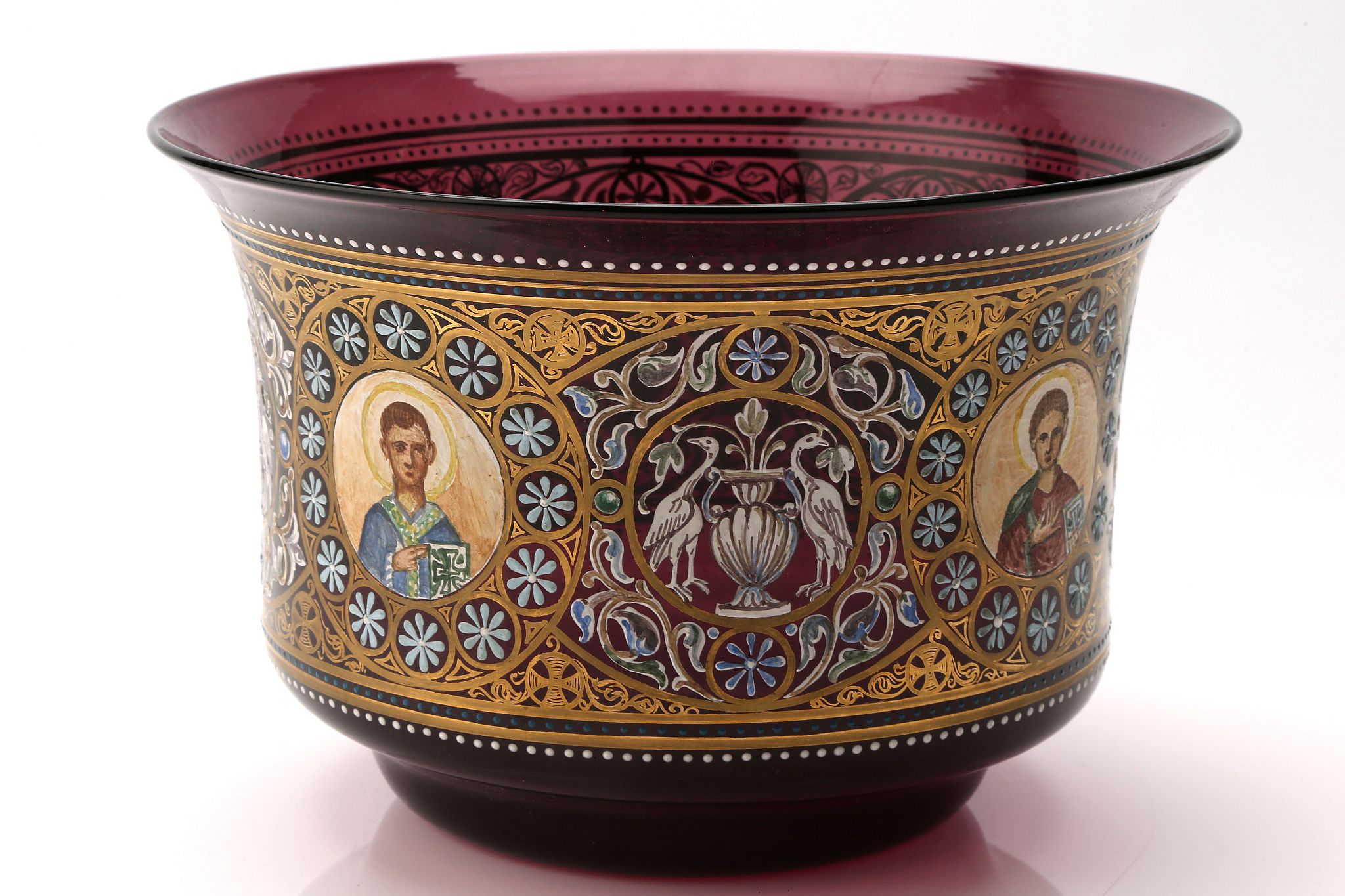 A Venetian Historismus golded and enamelled glass bowl, early 20th century, of deep amethyst tint, - Image 2 of 6