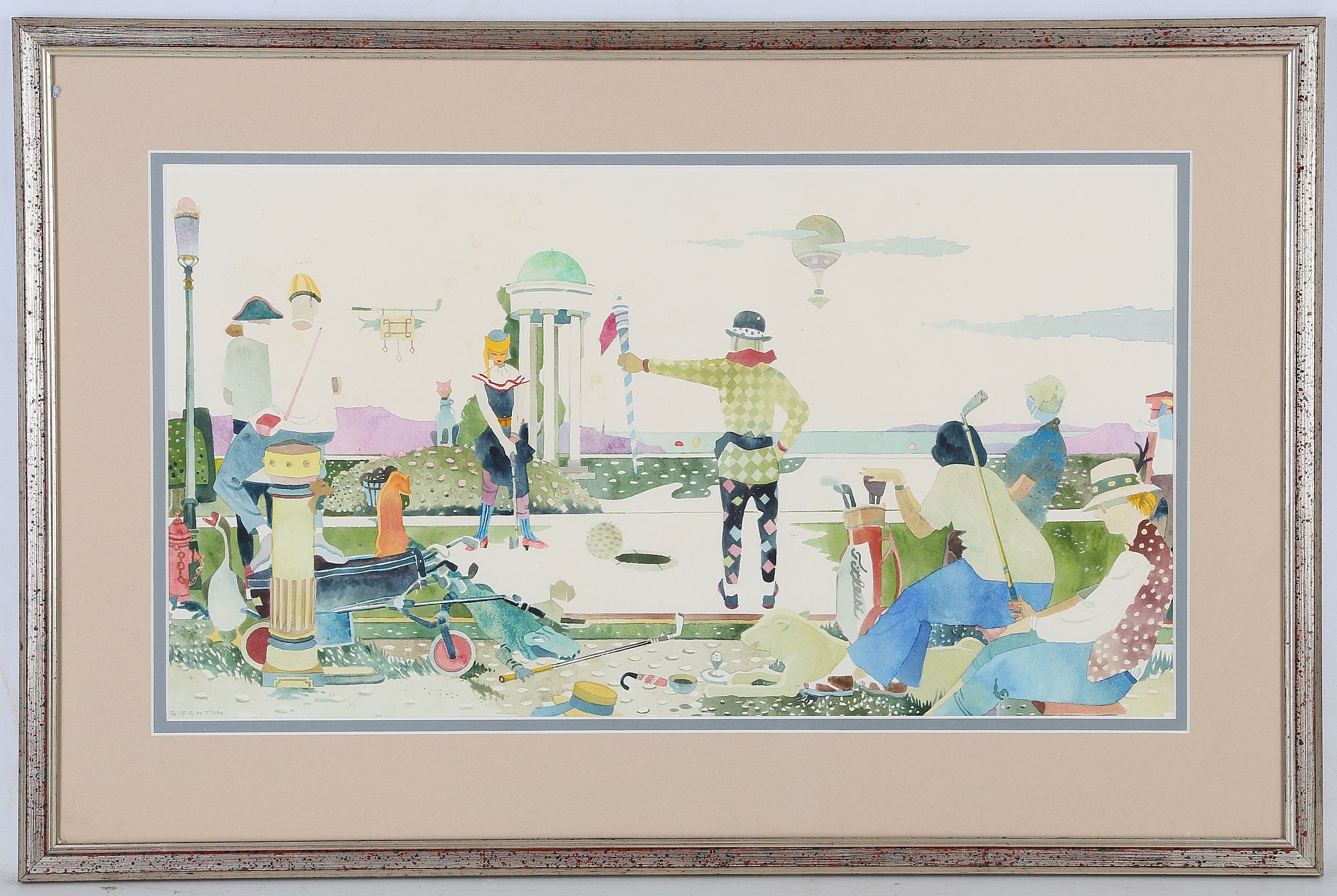 Samuel Fenton (b.1923), 'Hole in One', watercolour, signed 30 x 55cm, mounted and framed with