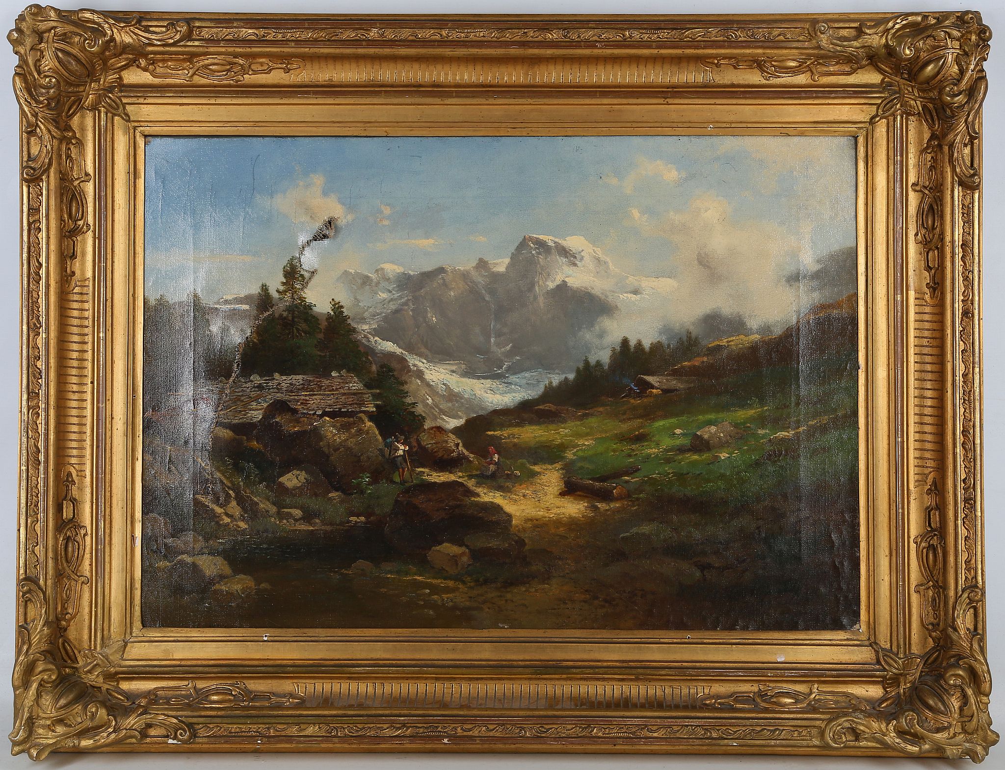 19th Century German school, 'An Alpine View', an oil on canvas landscape, labels verso, 47 x 68cm,