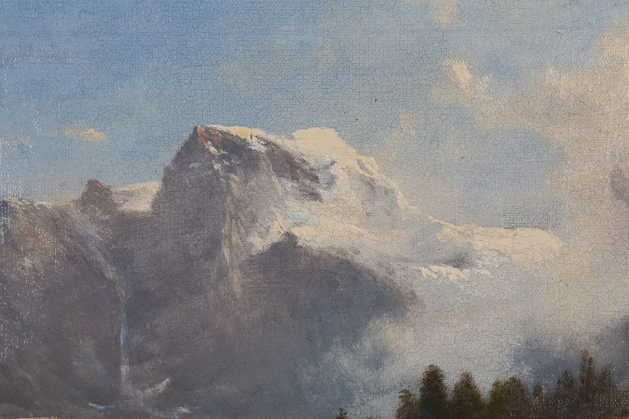 19th Century German school, 'An Alpine View', an oil on canvas landscape, labels verso, 47 x 68cm, - Image 5 of 7