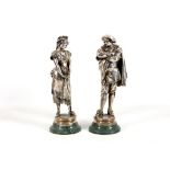 A pair of French silvered bronze figures of gentleman and his companion, late 19th or early 20th