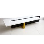 Archer Smith -  A white lacquered, ebonised and brass coffee table, 230 x 76cm.
