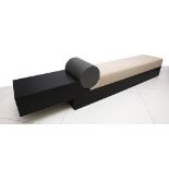 A long Finchatton beige and ebonised roll end hall bench, with integral table, 310 x 50cm.