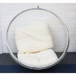 A modern perspex hanging bubble chair, with white leather cushions and hanging chain, 104cm