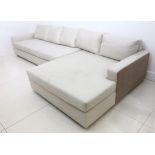 A large Finchatton grey upholstered L shape sofa, with leather backs and sides, 340 x 163cm.