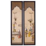 TWO CHINESE PAINTINGS OF LADIES. Seated at a table engaged in various leisurely activities,