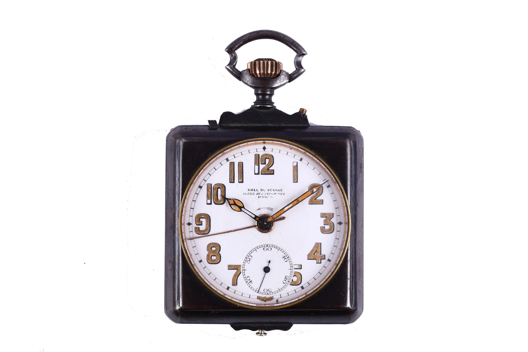 A French gunmetal strut cased alarm pocket watch. Date: Early 20th Century. Movement: Crown wound