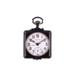 A French gunmetal strut cased alarm pocket watch. Date: Early 20th Century. Movement: Crown wound