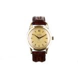 CYMA. AN 18K YELLOW GOLD AUTOMATIC WRISTWATCH. Date: Circa 1950's Movement: Cal.R420 Bumper. Dial: